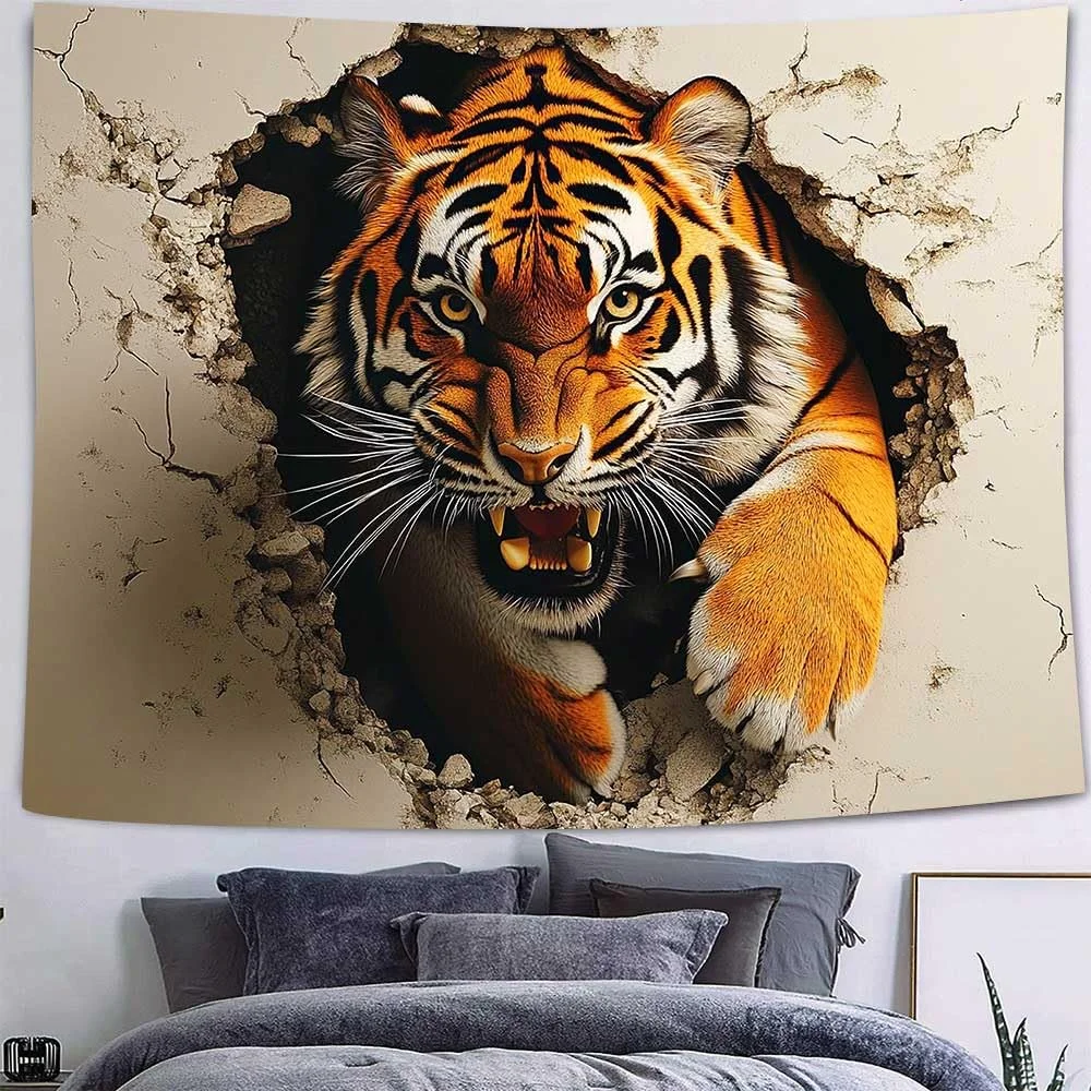 VIKAMA 3D Tiger Bursting Through Wall Tapestry - Perfect for Adding Dramatic and Bold Style to Any Room Decor, Ideal for Home