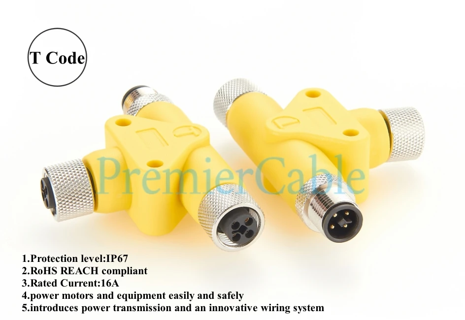 M12 T-Codierungs-T-Verteilerstecker, T-Code 4-Pin-Feldstecker, 3-Wege-T-Koppler, runder Stromfeldadapter für Servomotoren – Detail 5