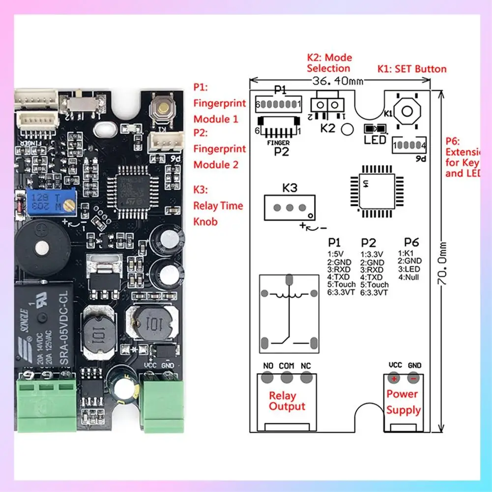 AB25-K215+R503 Normally Open Relay Self-Locking Fingerprint Control Board For Motorcycle Car Door Lock Access Control