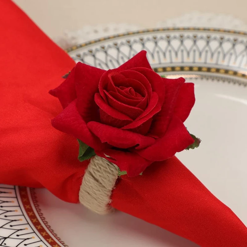 6Pcs Rose Flower Napkin Rings,Handicraft Silk Flower Napkin Holder,Valentine's,Dinner Tables Decoration