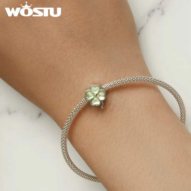 WOSTU-Colgante de trébol de corazón rosa para mujer, de Plata de Ley 925, cuentas degradadas de corazón, compatible con Pulsera Original, joyería