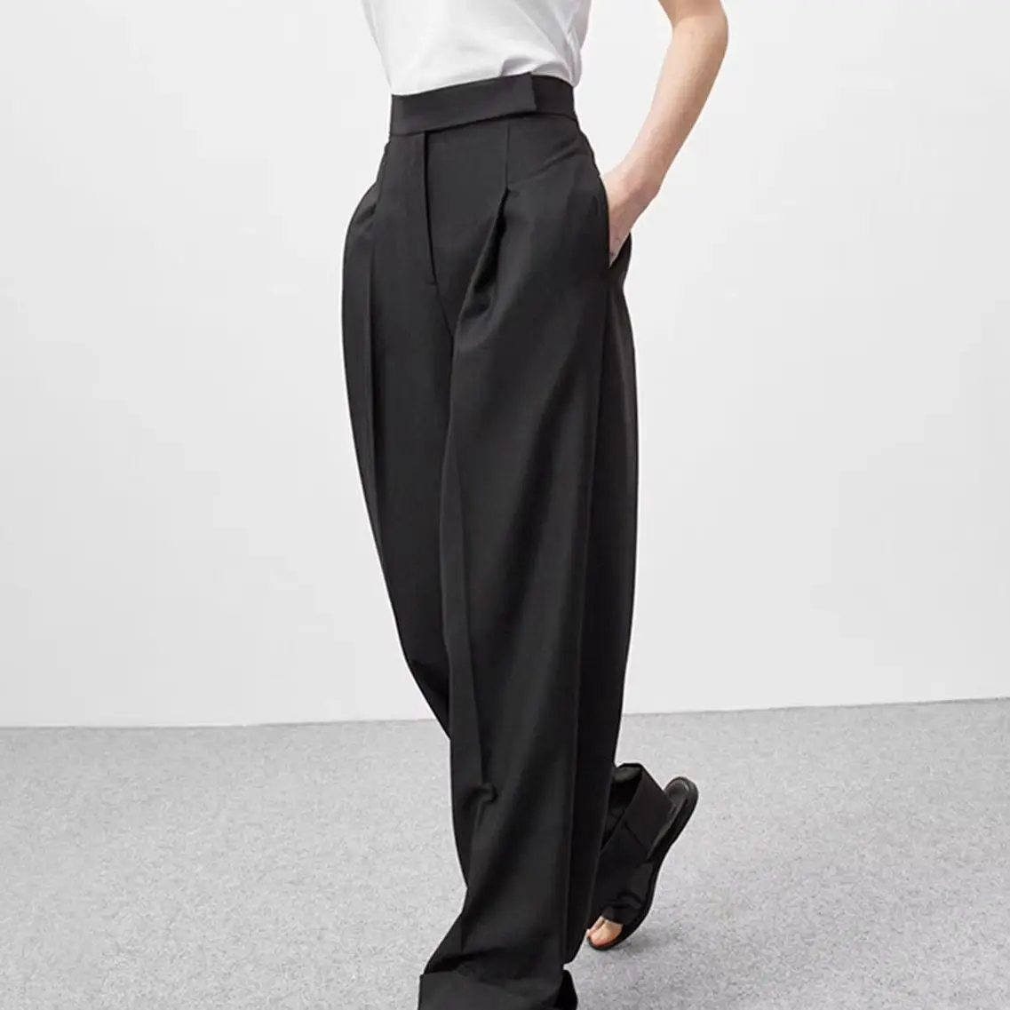 WXOY Loose High Waist Pleated Wide Leg Lightweight Draped Business Casual Trousers with Pockets