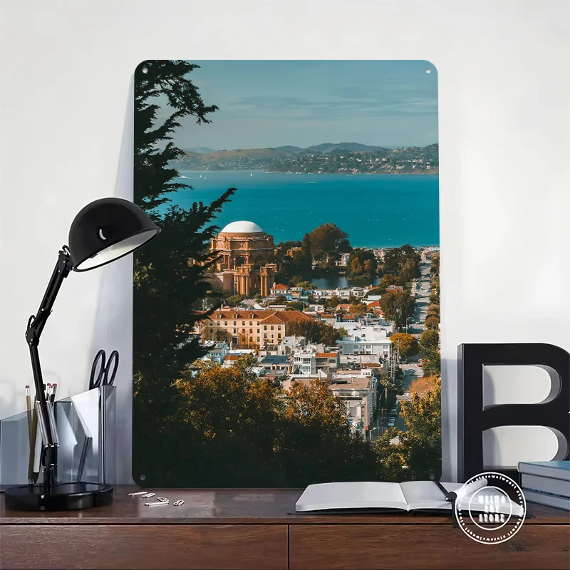San Francisco Bay View With Palace of Fine Arts Metal Poster Customized Wall Art Retro Vintage Metal Tin Signs for Custom Plate