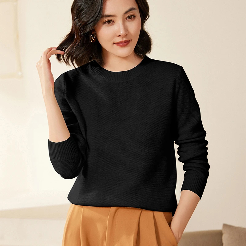 Loose Fit Pure100% Merino Wool Sweater Crew Neck Long Sleeve Autumn Winter New Style Women's Knitted Base Layer Shirt Tops