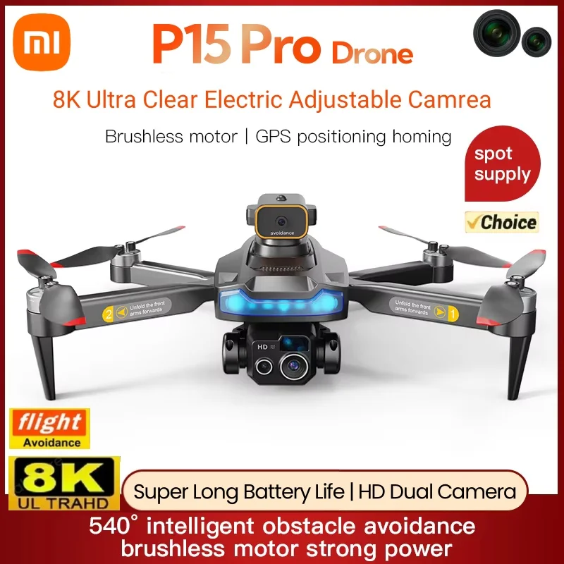 デュアルカメラ付きドローンXIAOMI-P15プロ,GPS, HD,航空写真,8k全方向,障害物回避,オプティカルフローポジショニング