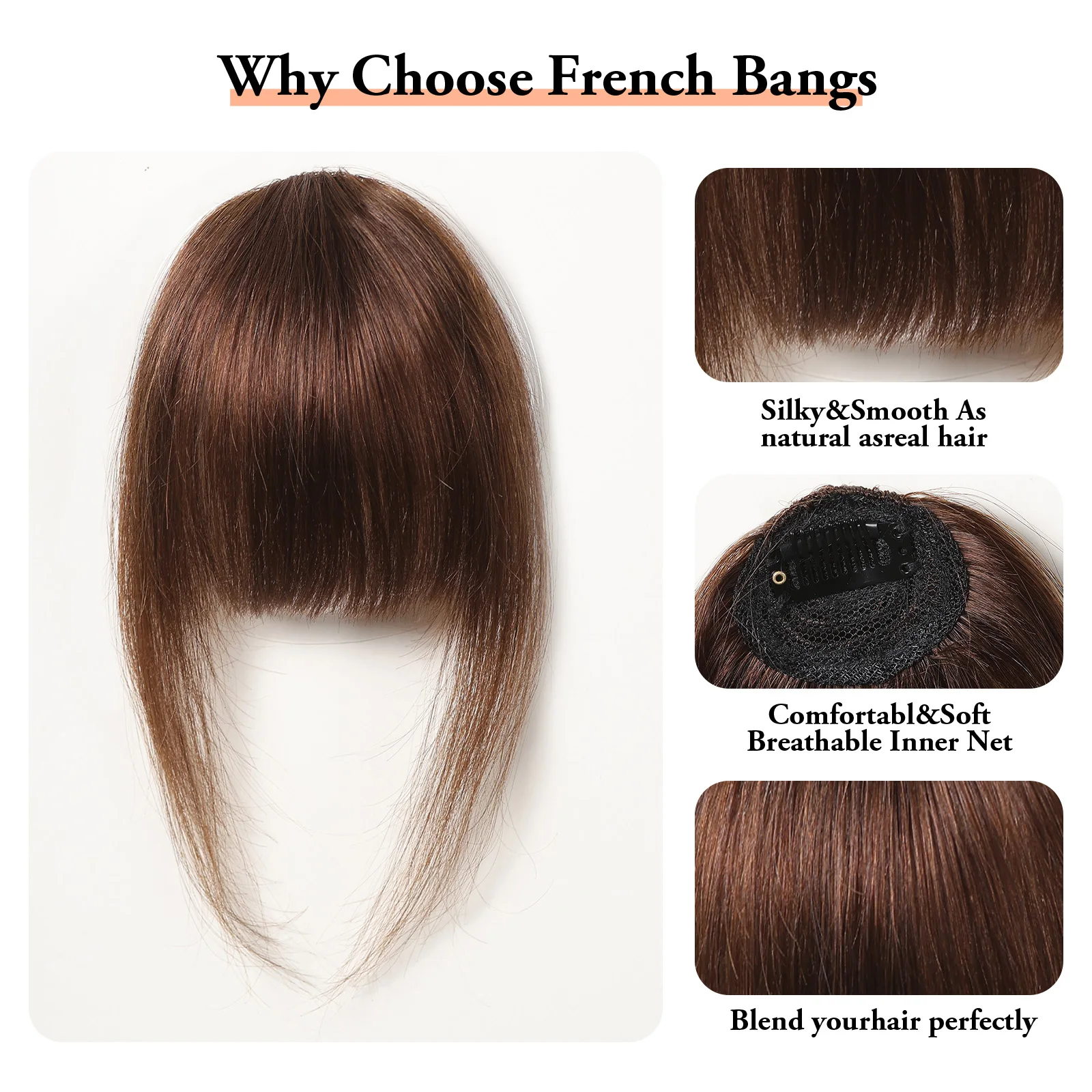 Extensions de cheveux frange à clipser pour femmes et filles, postiches franges brunes au chocolat, 100% cheveux humains naturels, contaminants, français