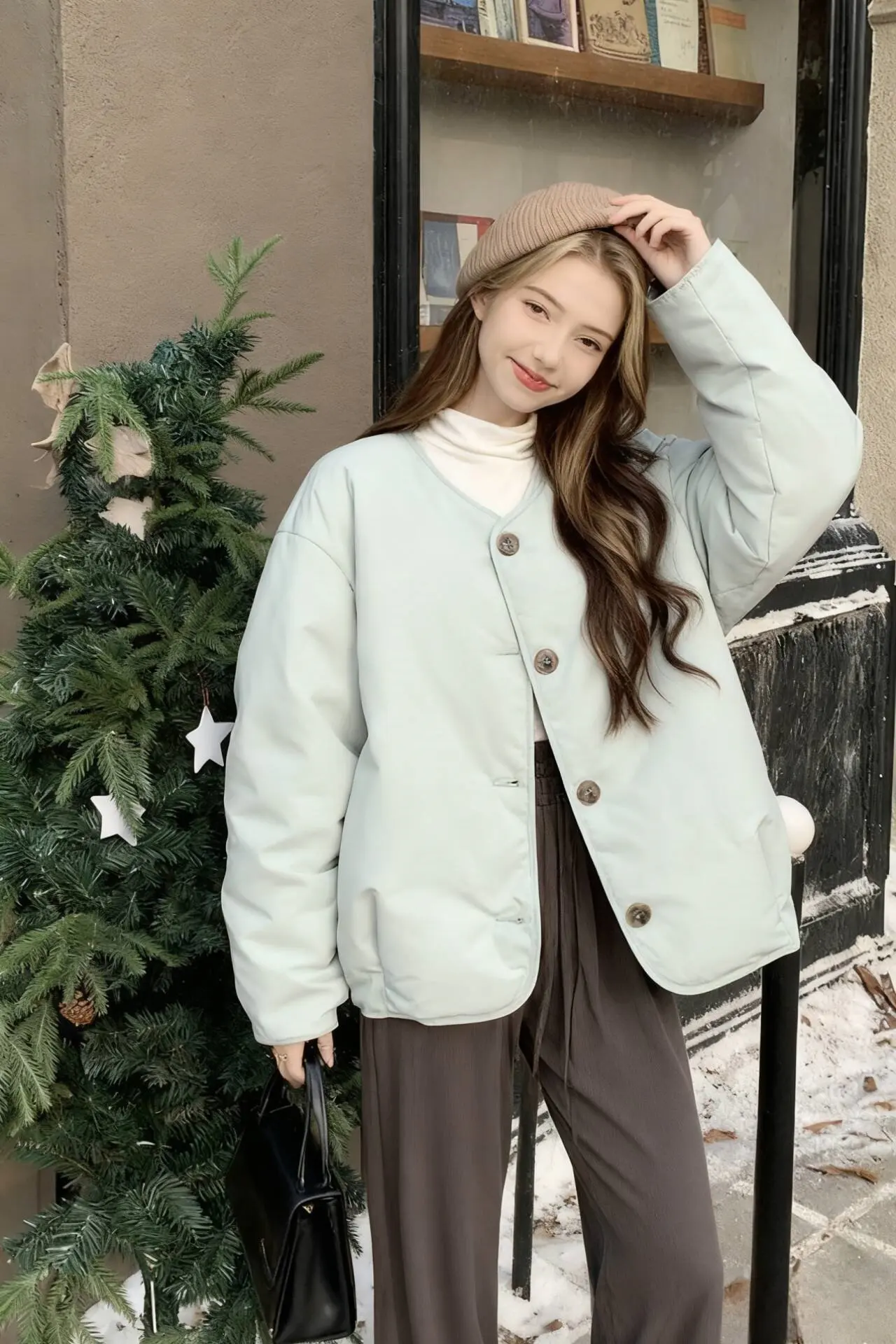 

Parkas Womens Real Rabbit Fur Autumn Corduroy Slant Hem Fitted Long-Sleeved Flap Coffee Brown Classical Workwear Relaxed Commute