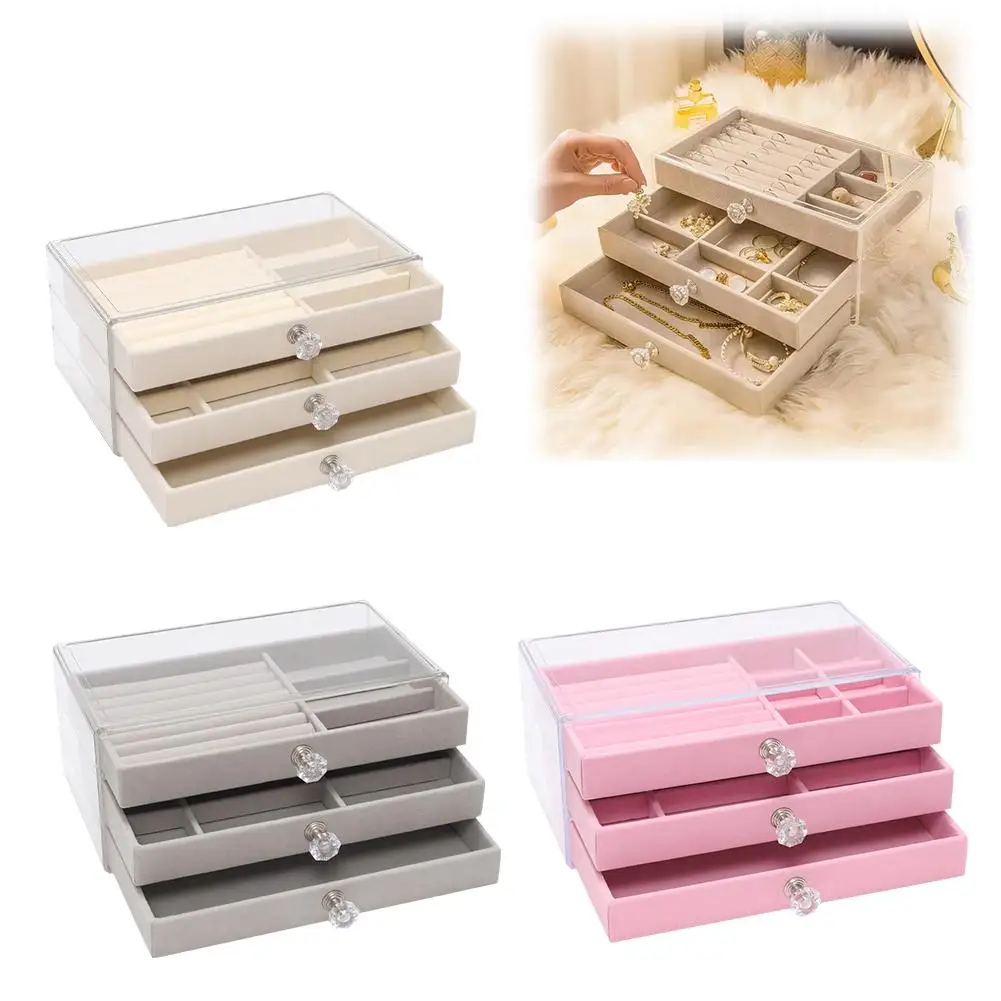 Three-layer Flannel Jewelry Box Drawer Jewelry Box Necklace Jewelry Large Earrings Acrylic Transparent Storage Box H2Z8