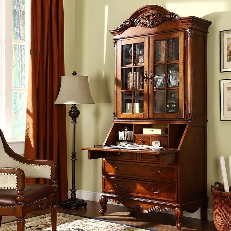 Solid wood functional , American  with drawers, locker, European solid  carving flower desk bookcase