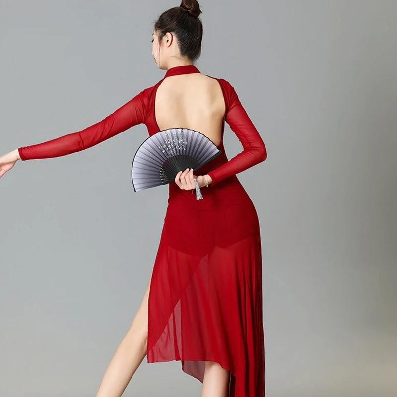 Traje de dança chinesa, garfo clássico, Cheongsam estilo étnico, fenda de cintura alta, roupa moderna para prática de dança