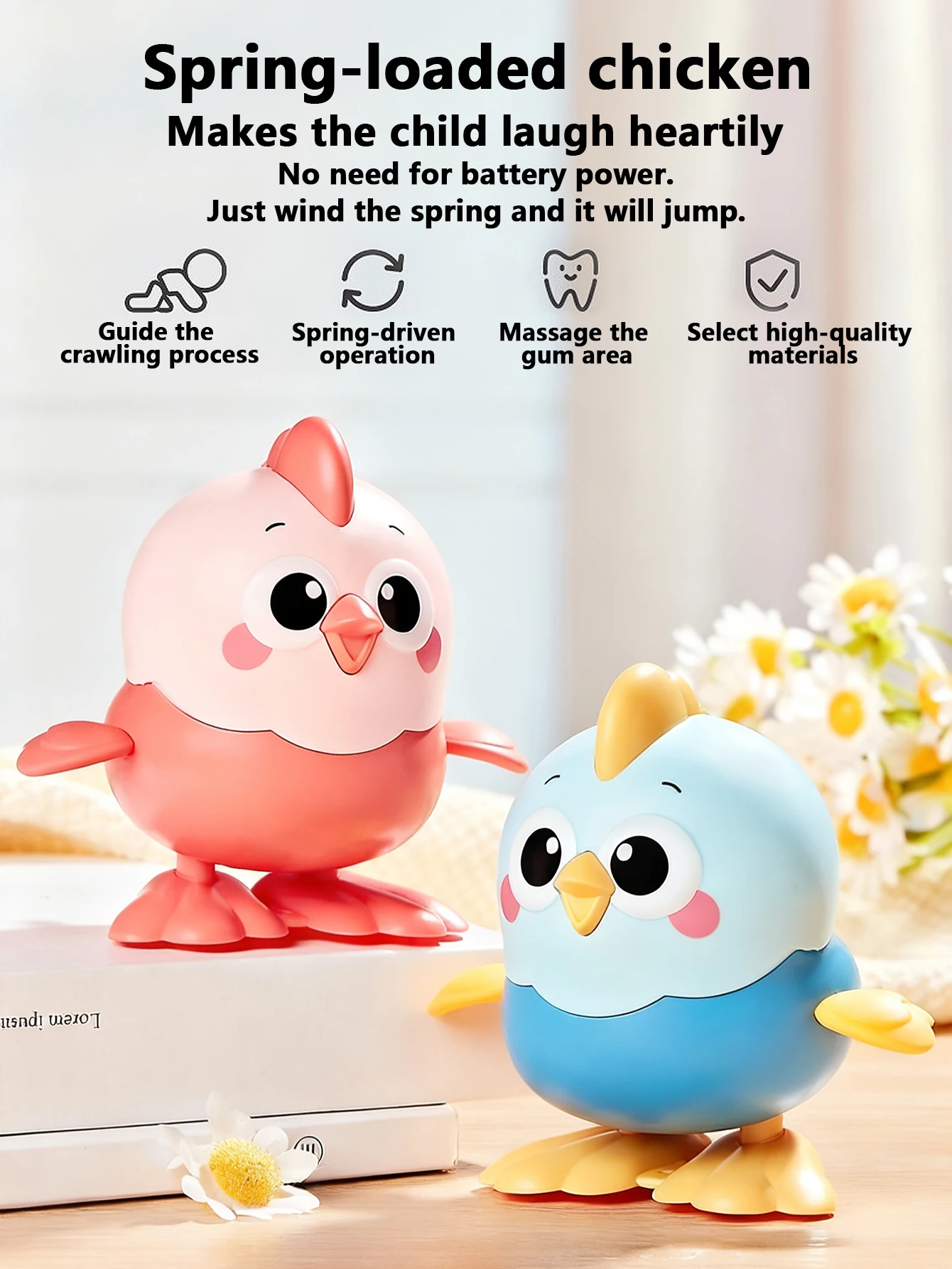 Cute Wind-Up Jumping Chicken Toy for Baby 1-3 Years Old - No Battery Required, Crawling Learning Toy