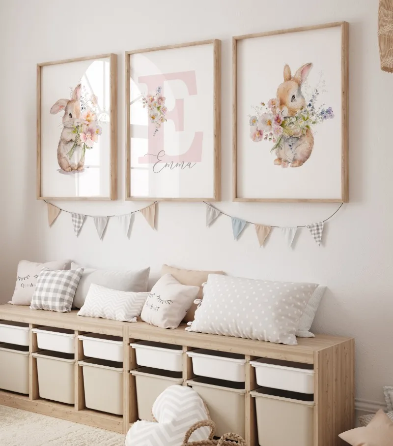 Cute Forest Bunny Woodland Animals Floral Girls Posters and Prints Canvas Printing Wall Art Picture for Kids Room Nursery Decor