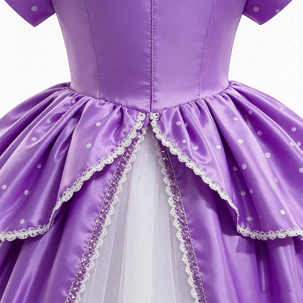 Sofia Costume Girl Kids Purple Princess Short Sleeve Dress with Flower Wreath Crown Necklace Wand for Girls Party Cosplay - view 3
