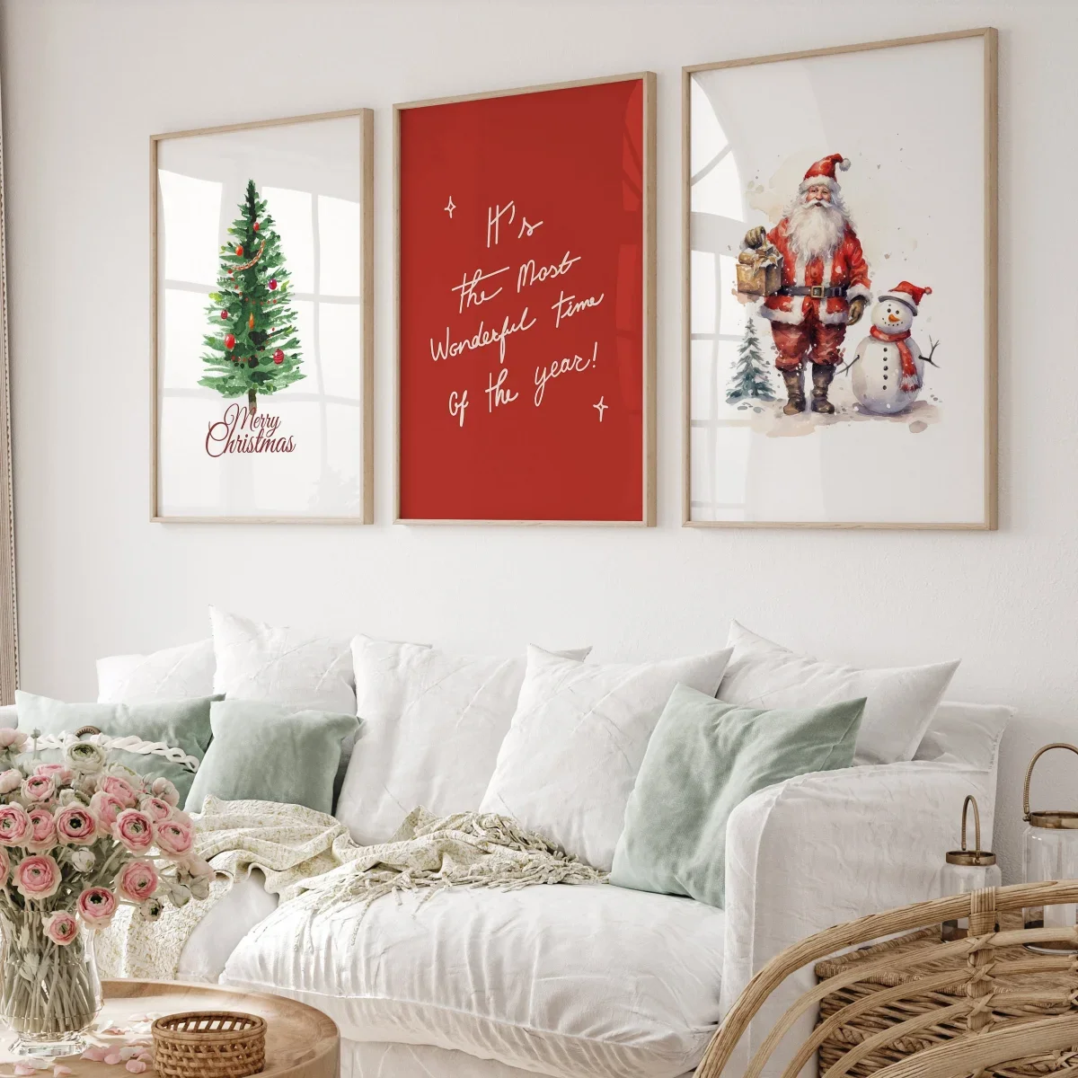 3pcs/set Christmas Santa Claus with A Snowman Canvas Print Poster Xmas Art Prints Wall Art Living Room Home Decor Holiday Gifts