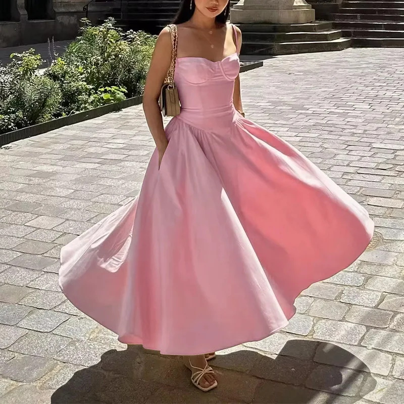 

Summer Solid Pleated Long Dress Women Elegant Sleeveless Camisole Backless Loose Robe Beach Party Ladies Chic Evening Gowns 2025