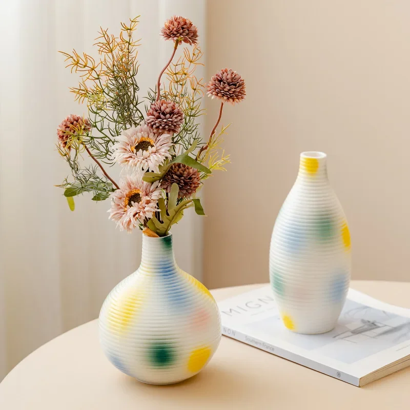 Modern Abstract Ceramic Vase Hand Painted Artistic Home Decor Ribbed Texture Colorful Spot Porcelain Pot for Living Room Table