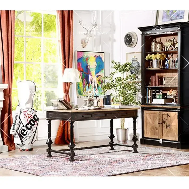 American Country Solid Wood Desk French Antique Writing Table Modern Small Apartment Study Desk Household Office Furniture