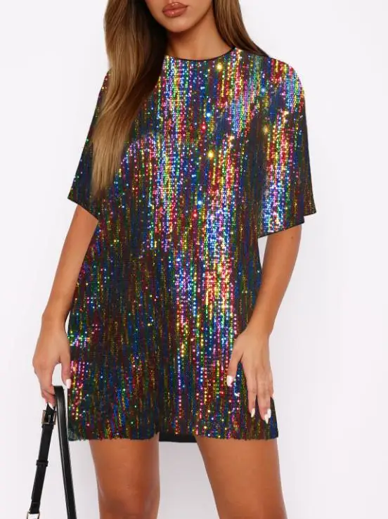 

Women's Dress Summer New Y2K American Trendy High Street Sequin Patchwork Round Neck Loose Straight Tube Short Sleeved Dress