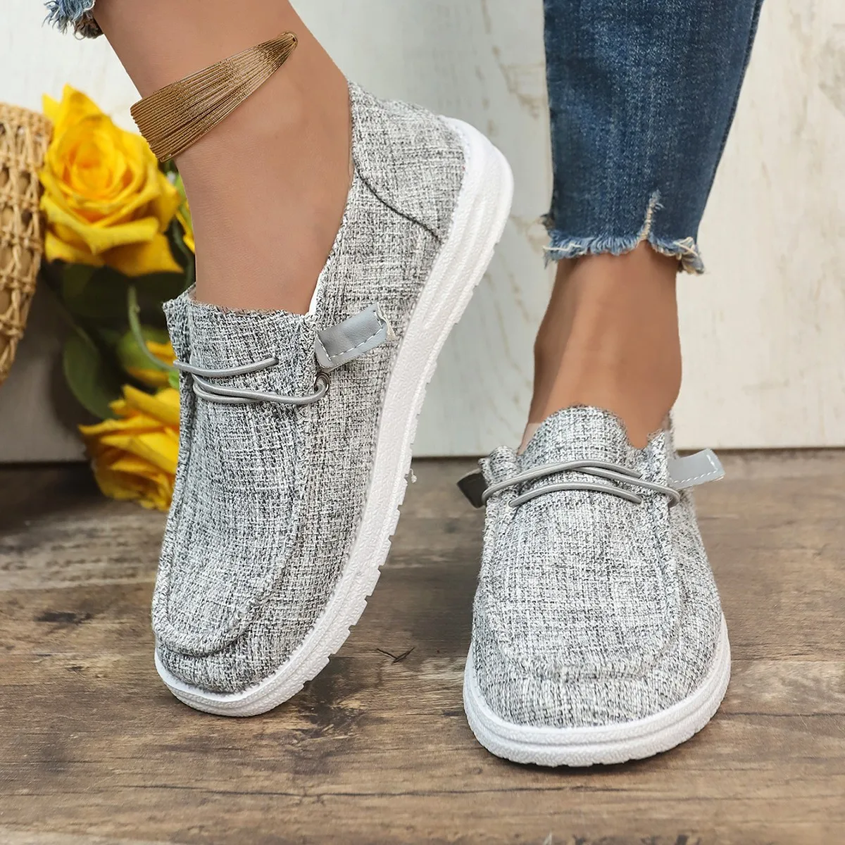 

women's flat shoes, 2025 new style fabric casual shoes, round-toe and square-heel cloth single shoes