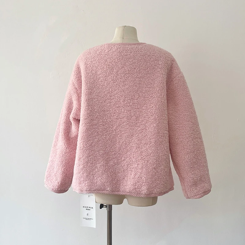 LUZHEN 2024 Winter Solid Color Casual Fleece Coat Women's Fashion Round Neck Big Pocket Elegant Female Lamb Wool Jacket AA2475