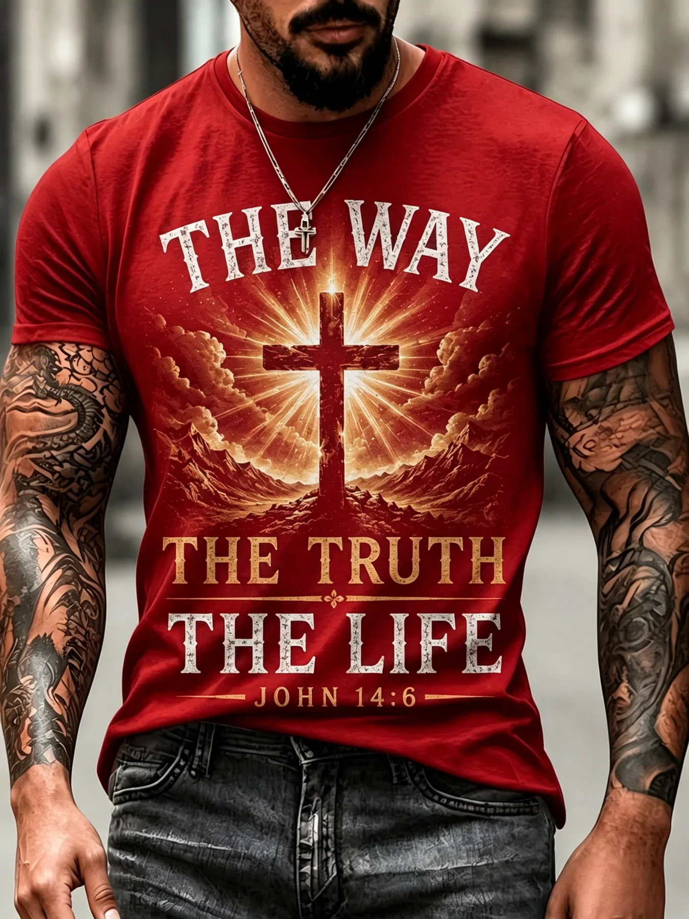 Vintage Men The Way The Truth The Life Cross Graphic T‑Shirt John 14:6 Bible Verse Faith Short Sleeve Crew Neck Tee