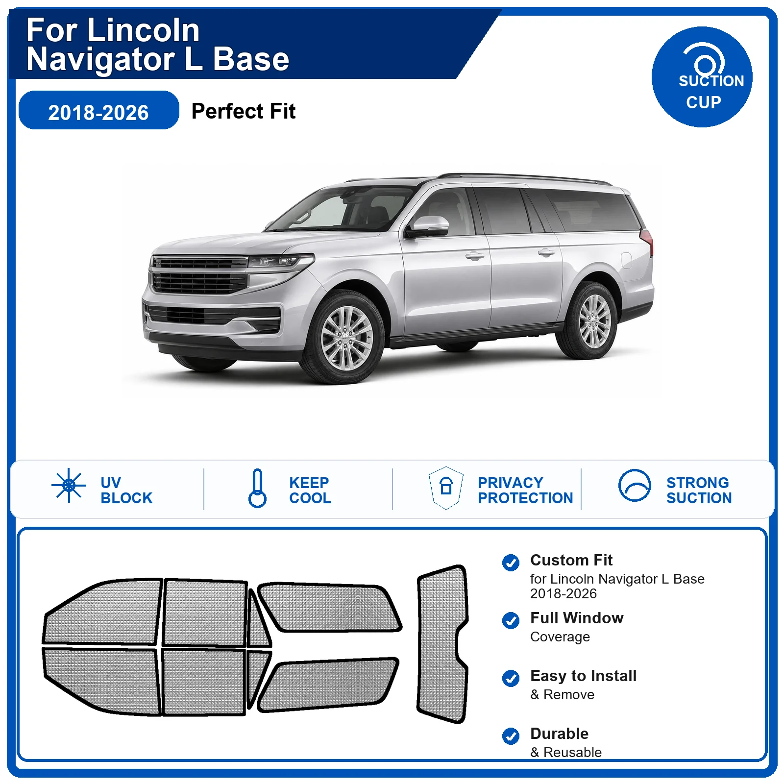 For Lincoln Navigator L Base 2018-2026 Custom Full Set Windshield Sun Shade Aluminum Foil Heat Insulation Anti UV Foldable