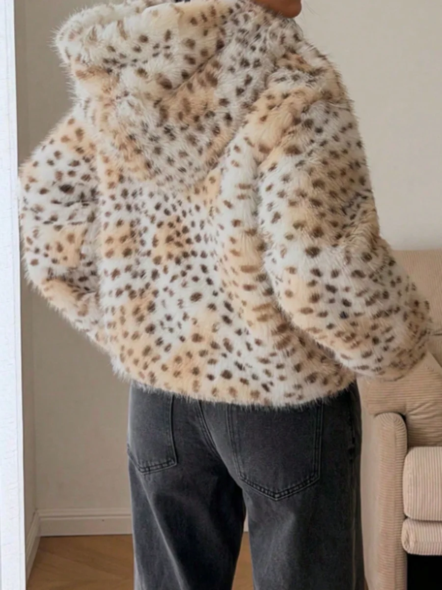 2026 Women Leopard Print Faux Fur Hooded Jacket, Zip Up Short Fluffy Warm Winter Fashion Outerwear Coat