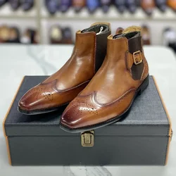 Men's Real Cow Leather Ankle Boots, Slip on Buckle Strap Wing Tip Luxury Design Classic Dress Boots Handmade Basic Shoes for Men