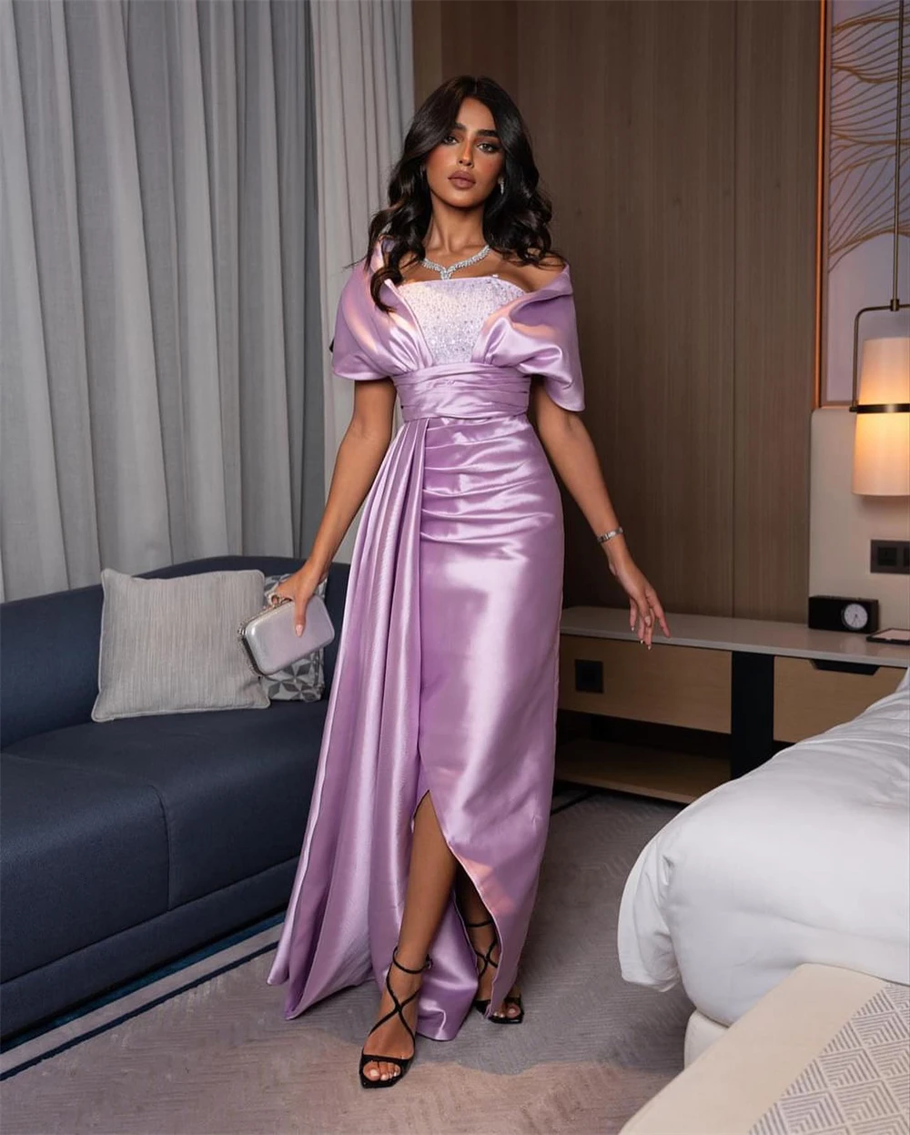 

Sparkle Off-the-shoulder Sheath Cocktail Sequin Celebrity Fold Draped Satin Prom Dresses vestido feminino festa luxo robe