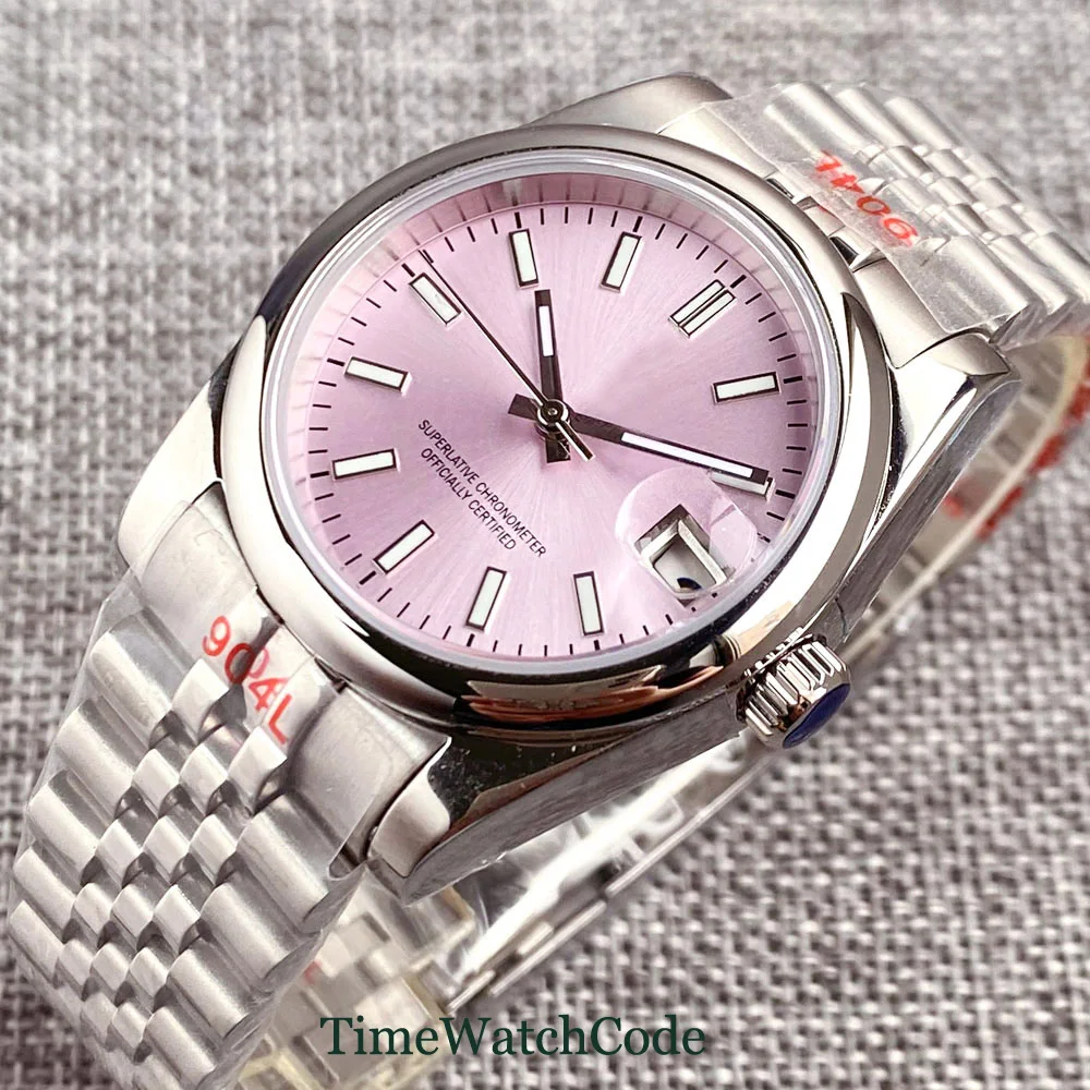 Tandorio Automatic Watch for Men NH35A Movement 36mm or 39mm Luminous Pink Dial Sapphire Crystal Screw-in Crown Fluted Bezel