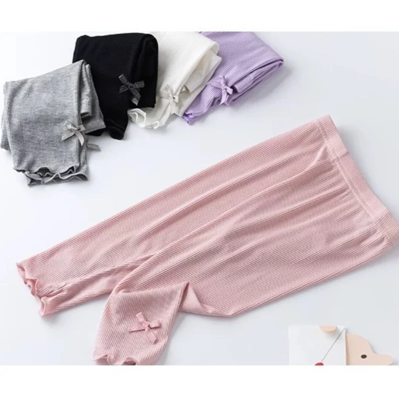 2026 Summer Kids Cute Seven Point Leggings 3-10Y Girls Solid Color Bow Waist Elastic Breathable Pants Children Clothes view 6
