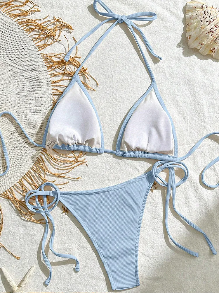 Summer Solid Color Strap Halter Neck Micro Bikini Sets Two Piece Thongs Swimsuit Adjustable Tie-Front Holiday String Bikiniler