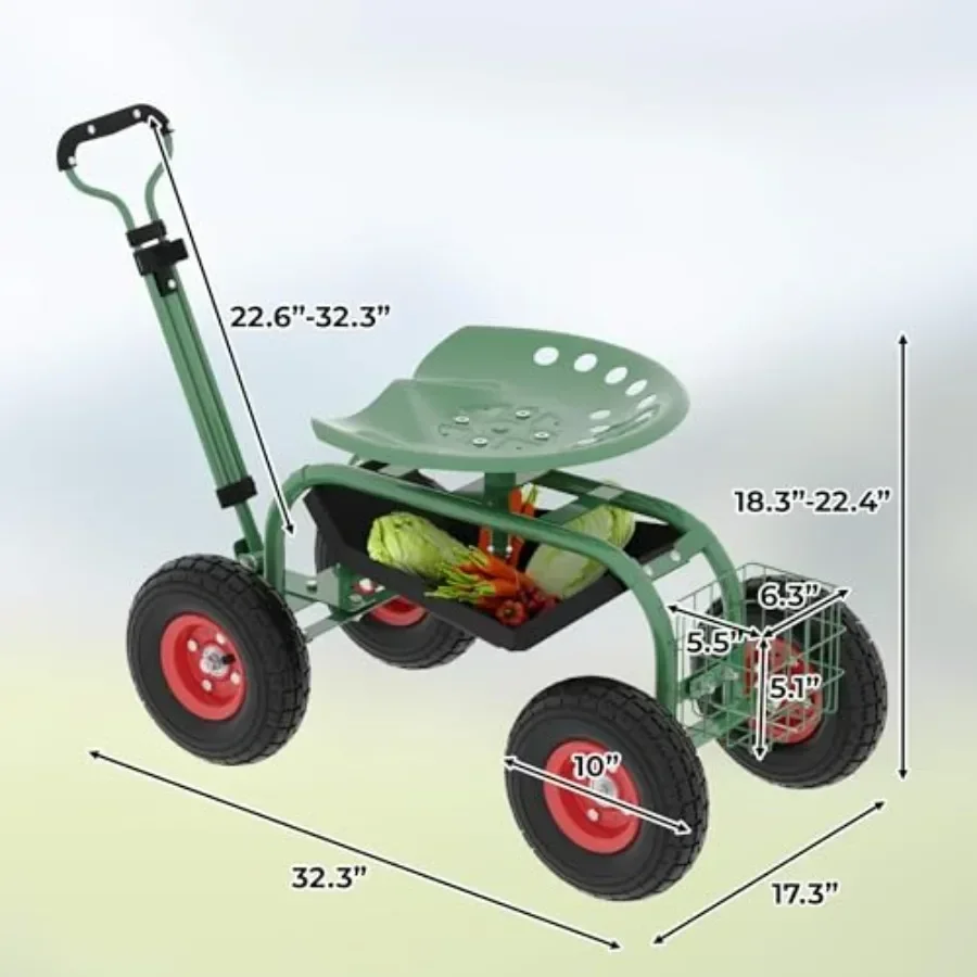 Garden Cart with Wheels Height Adjustable Rolling Work Seat360 Swivel Green