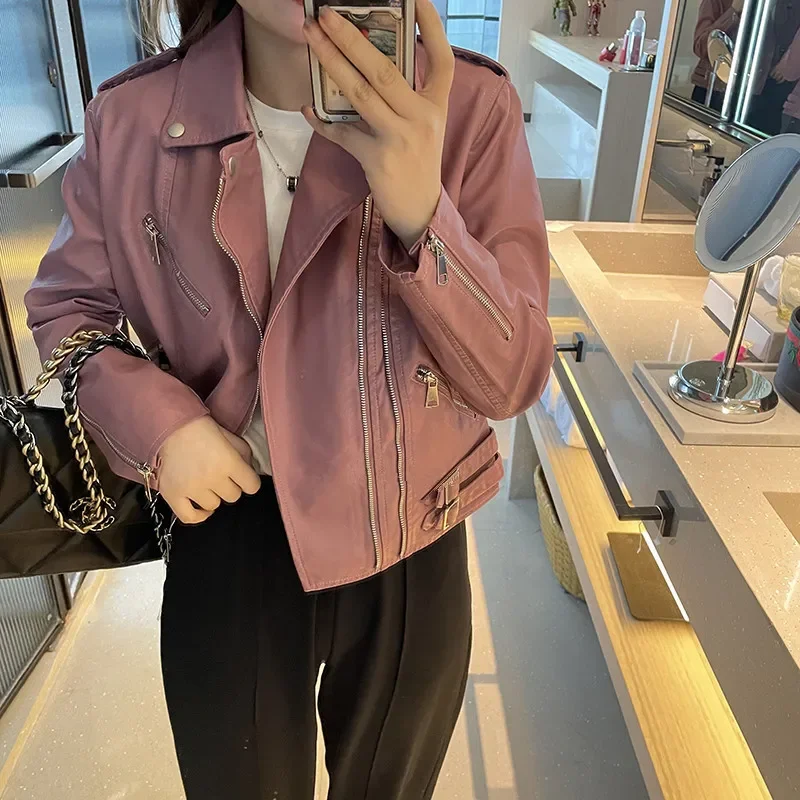 Dünne Kurze Faux Leder Mantel Frühling Frauen Streetwear Koreanische Beige Rosa Schwarz Revers Langarm Gestellte Motorrad Biker Jacke