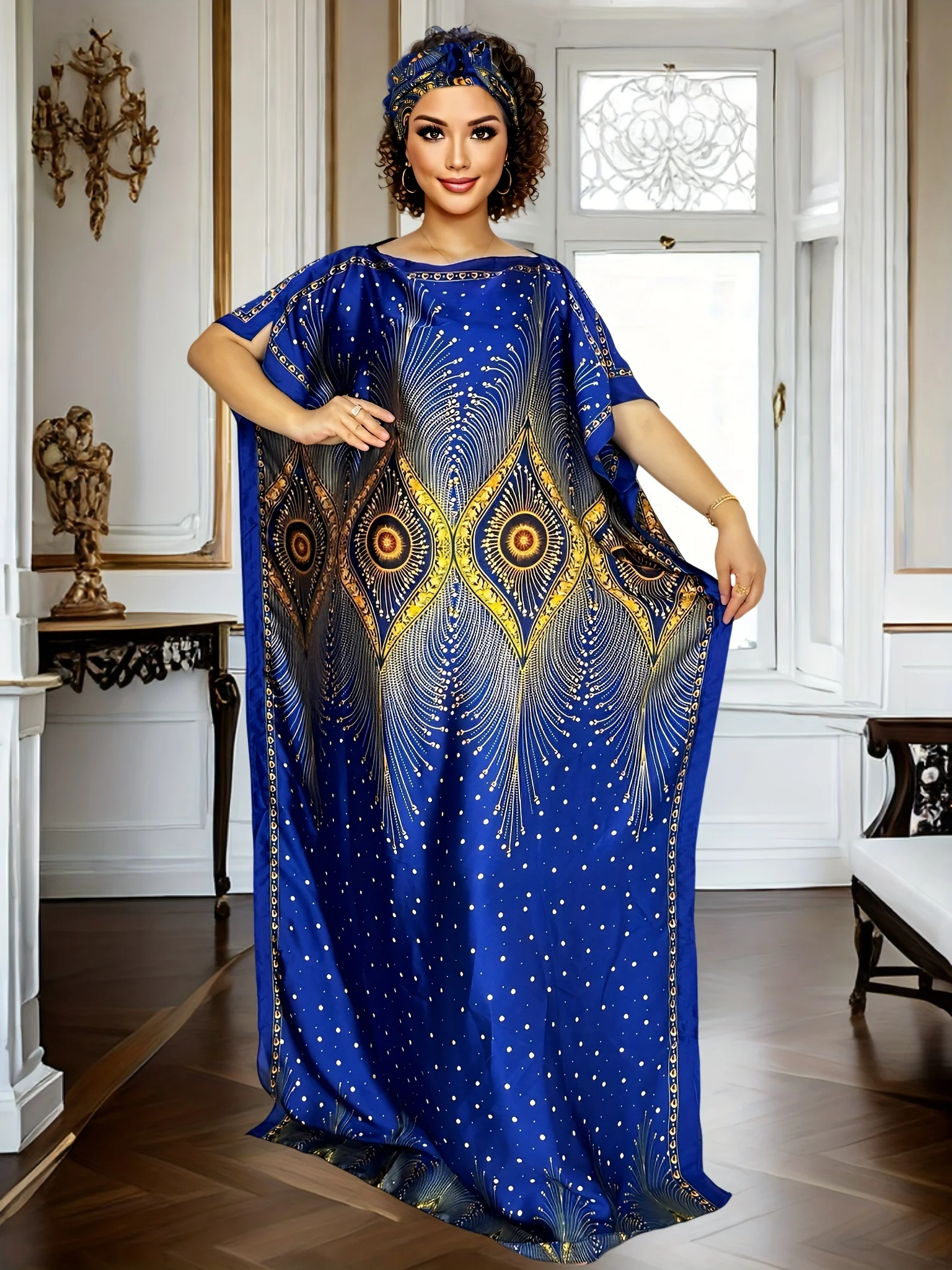

Batwing Sleeve Floor-Length Evening Gown - Plus Size Women's Elegant Prom Dress with Slit & Beaded Waist