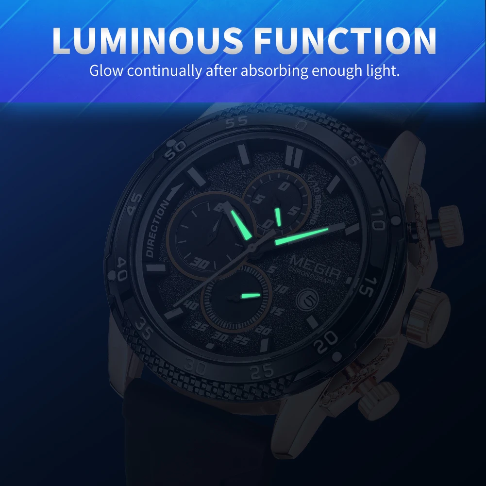 MEGIR Brand Fashion Men Watch Silicone Sports Wristwatch Quartz Chronograph Large Dial Luminous Hands Date Clock Reloj Hombre