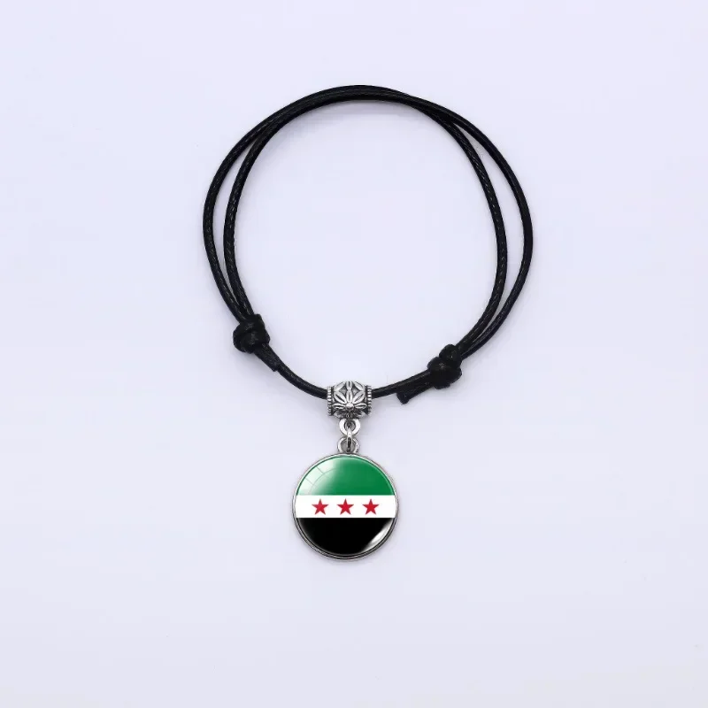 Syria Three Stars Flag Pu Leather Gemstone Bracelet Length Adjustable Men Women Kids Black Hand Rope National Flag Wristband