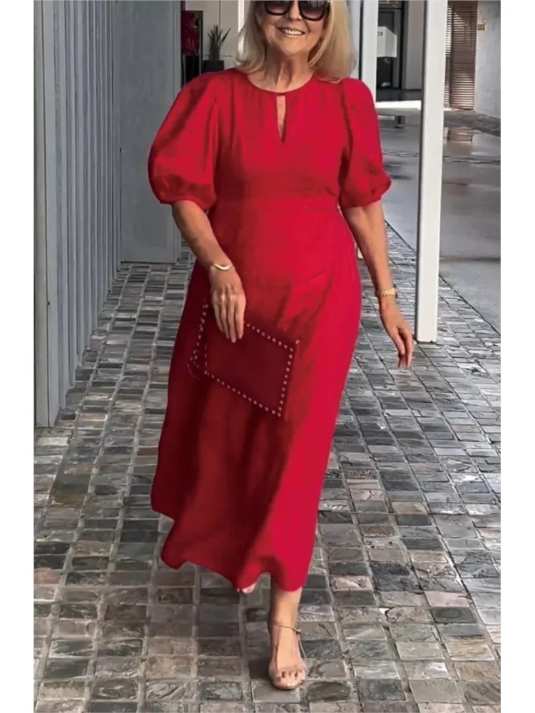 

Casual Solid Color Cotton linen Puff Sleeve Long Dress For Women Summer Loose O Neck Elegant Party Dresses Ensemble Femme