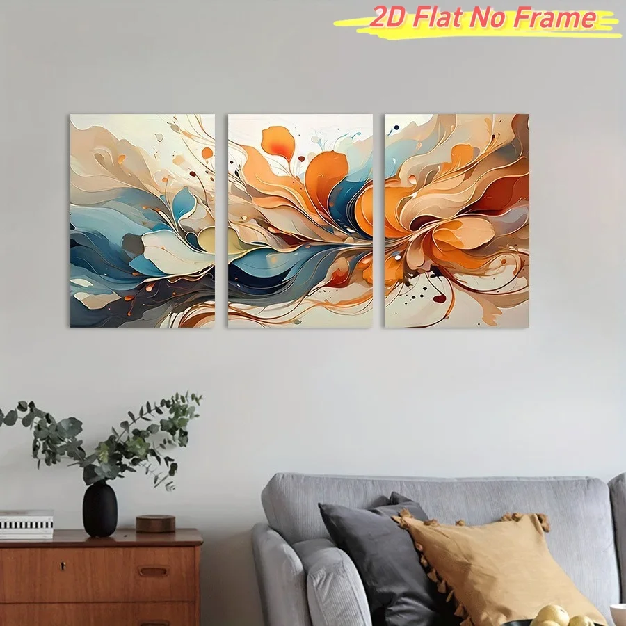 2D Flat, 2D Flat, 3pcs Frameless 2DFLAT Orange Blue Flowing Floral Art Decor Canvas Paintings, Abstract Style Wall Art Decora