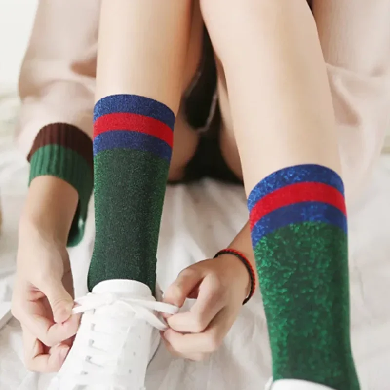 Sping Harajuku Women Glitter Socks Casual Striped Socks Girls Silver Shiny Socks Middle Length Woman Sox Calcetines Mujer