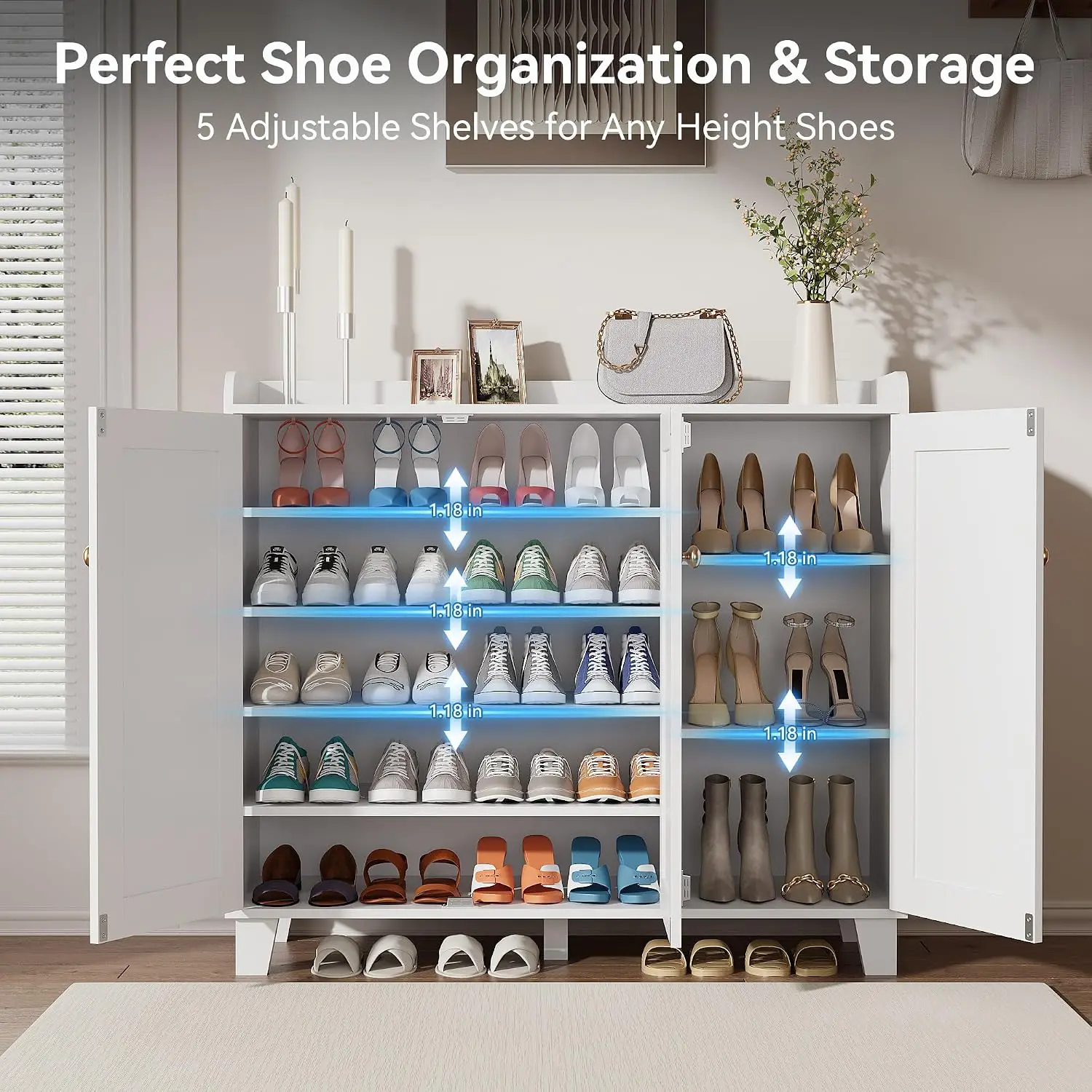 Wooden Shoe Cabinet 3 Doors Adjustable Shelves 40 Inch Tall Flat Shelf Shoe Rack Hallway Entryway Living Room, Customized
