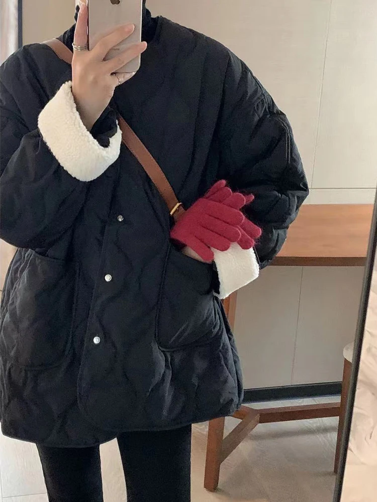 2023 Winter New Plaid Cotton Jacket Coat For Women's Quality Korean Fashion Loose Small Fragrant O-Neck Warm Solid color Mid Top