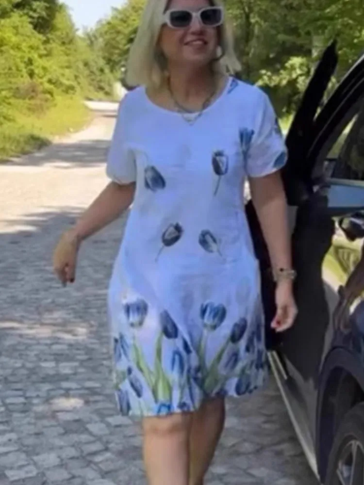 Damen-Kleid mit Blumendruck, lässig, O-Ausschnitt, kurze Ärmel, Pullover, Minikleider für Damen, modisch, Boho-Urlaubsrock, Damenbekleidung