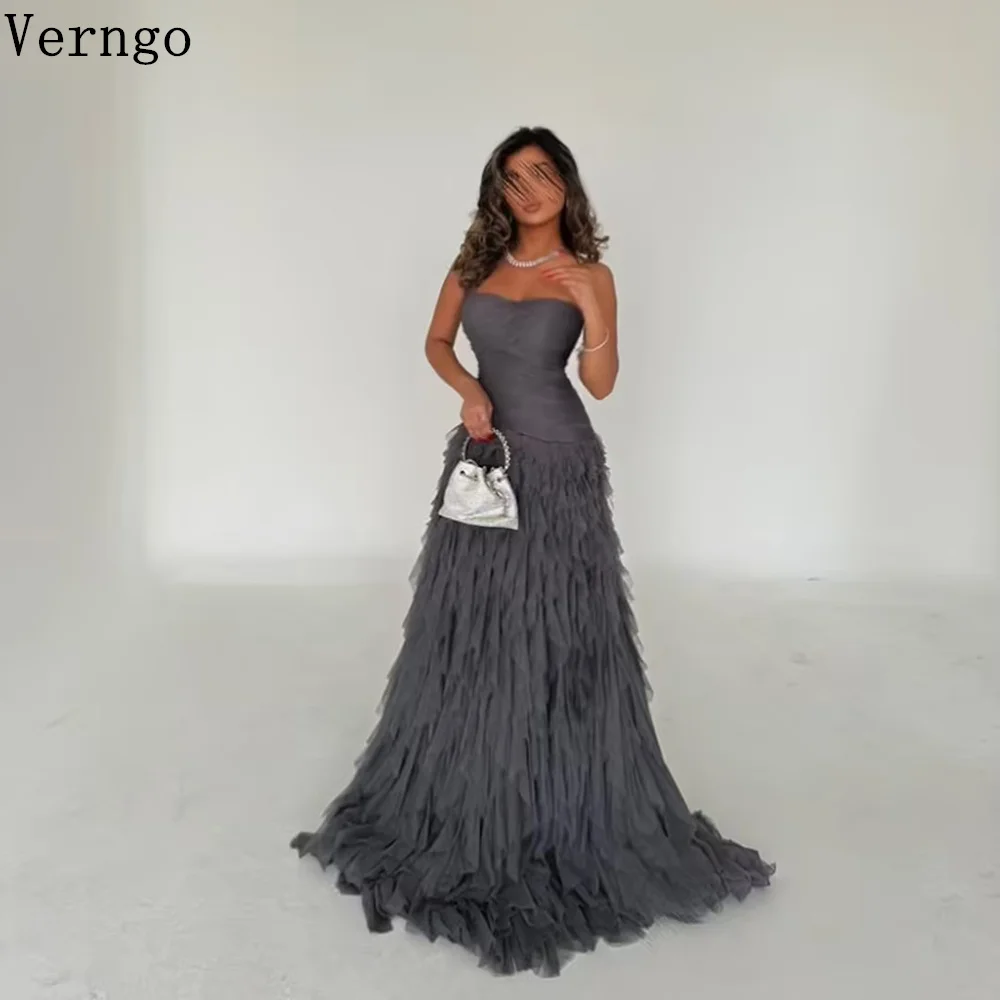 

Verngo Gray Tulle Evening Dress Strapless A Line Tiered Prom Party Dress Women Elegant Formal Arabic Prom Gowns Customized