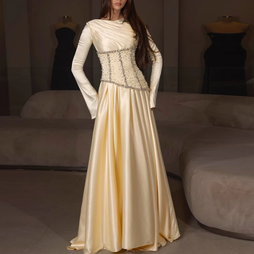 

Customized Luxury Hijab Evening Dress Crystal Embellished A Line Muslim Maxi Dress O Neck Long Sleeve Satin Gowns