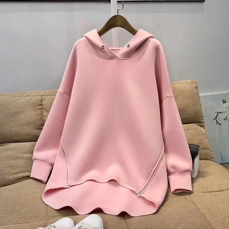 

Spring Autumn Ladies Thin Solid Color Hoodies Oversized Zipper Hooded Sweatshirts Long Drop Sleeve Casual All-Matched Pullovers