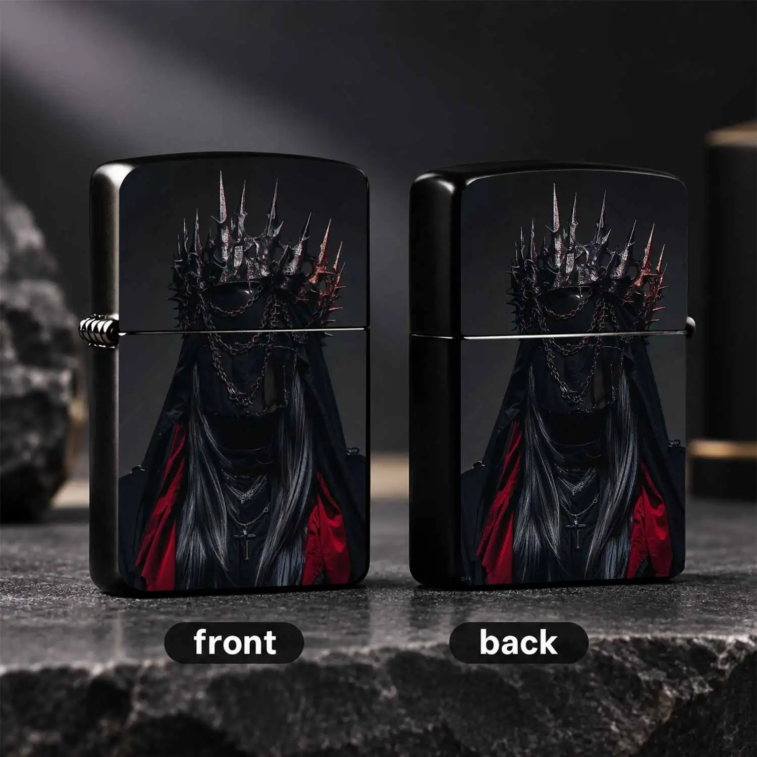 Dark Spiked Thorn Crown Veiled Figure Print Lighter, Moody Gothic Aesthetic Portable Ignition Device, Versatile For All Daily Scenes, Unique Artistic Cool Accessory, Ideal Gifting Choice For Dark Style Lovers, Exquisite Decorative Practical