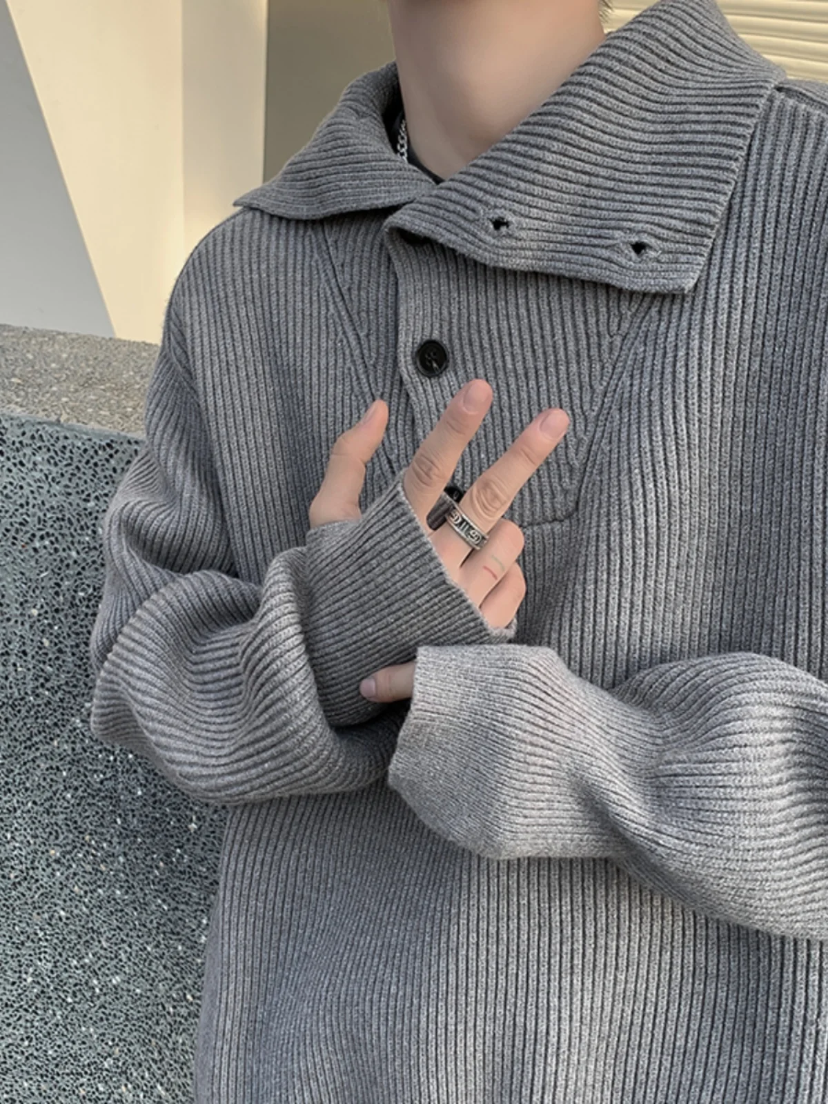 

Loose Fit High Ne Knitwear Men's Trendy Brand Autumn Winter Casual Sle Button Design Overhead Base Layer Sweater