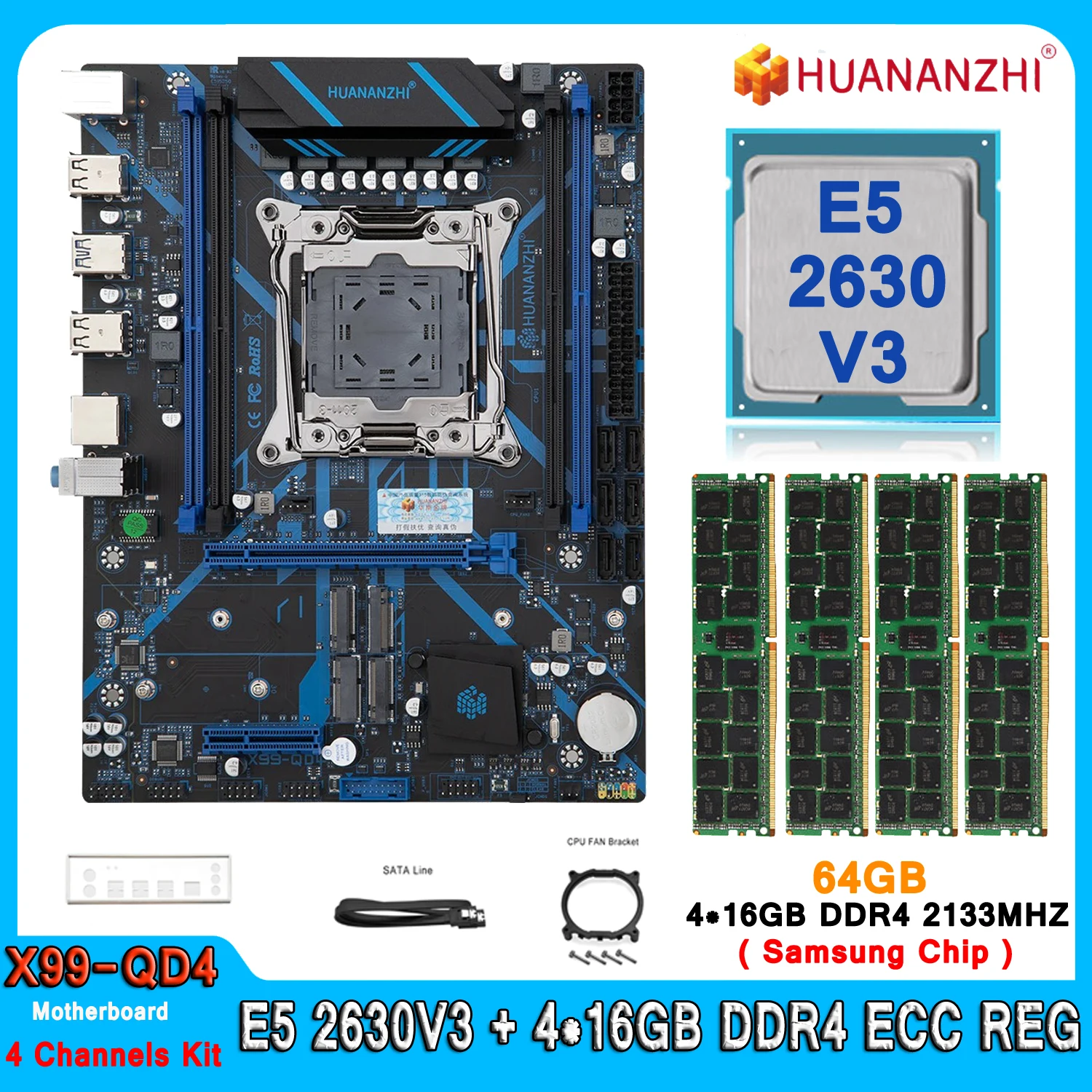 

Huananzhi X99 QD4 Motherboard Set LGA 2011 V3 Kit Xeon with E5 2630V3 CPU 64GB(4*16GB) DDR4 2133MHz RAM E5 2630 V3 Motherboard