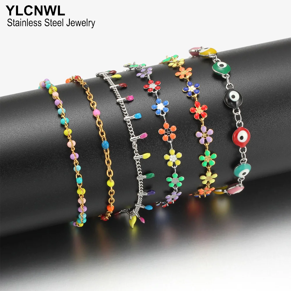 سوار سلسلة من المينا من الفولاذ المقاوم للصدأ للنساء ، ملون ، لطيف ، سحر رومانسي ، مجوهرات نسائية متعددة الألوان ، 7-9 بوصة ، فاخرة